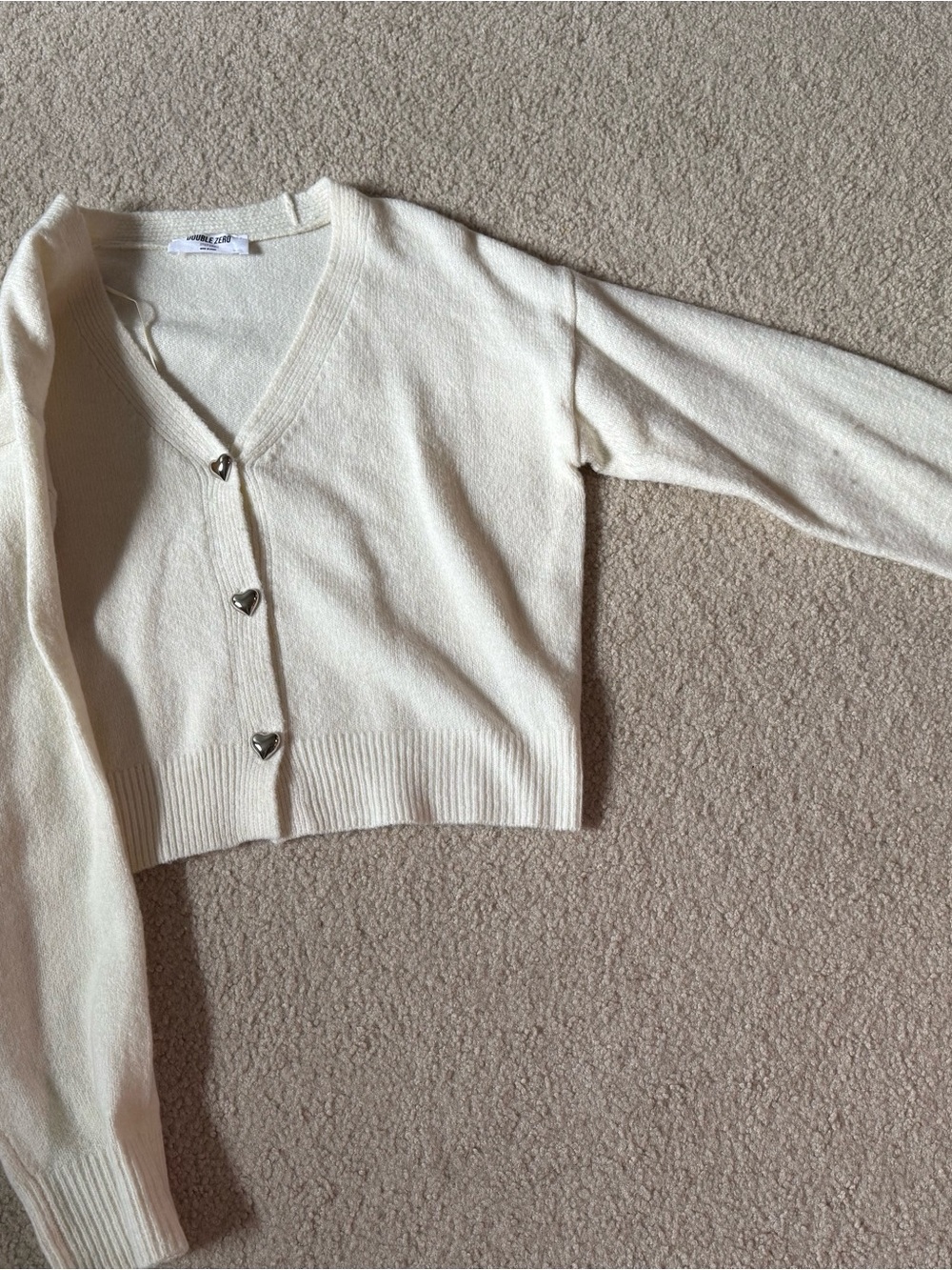 Double Zero Ivory V-Neck Cropped Cardigan with Heart Buttons